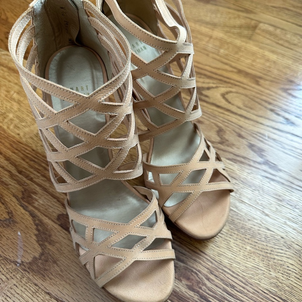 Stuart Weitzman Tan Strappy Sandals with Stiletto Heel